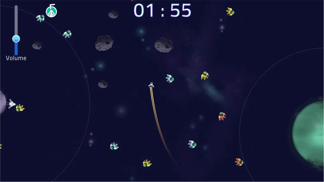 Capture d'écran du jeu Cat Elite montrant notre vaisseau, des aliens ennemis et les planètes et astéroïdes à esquiver.