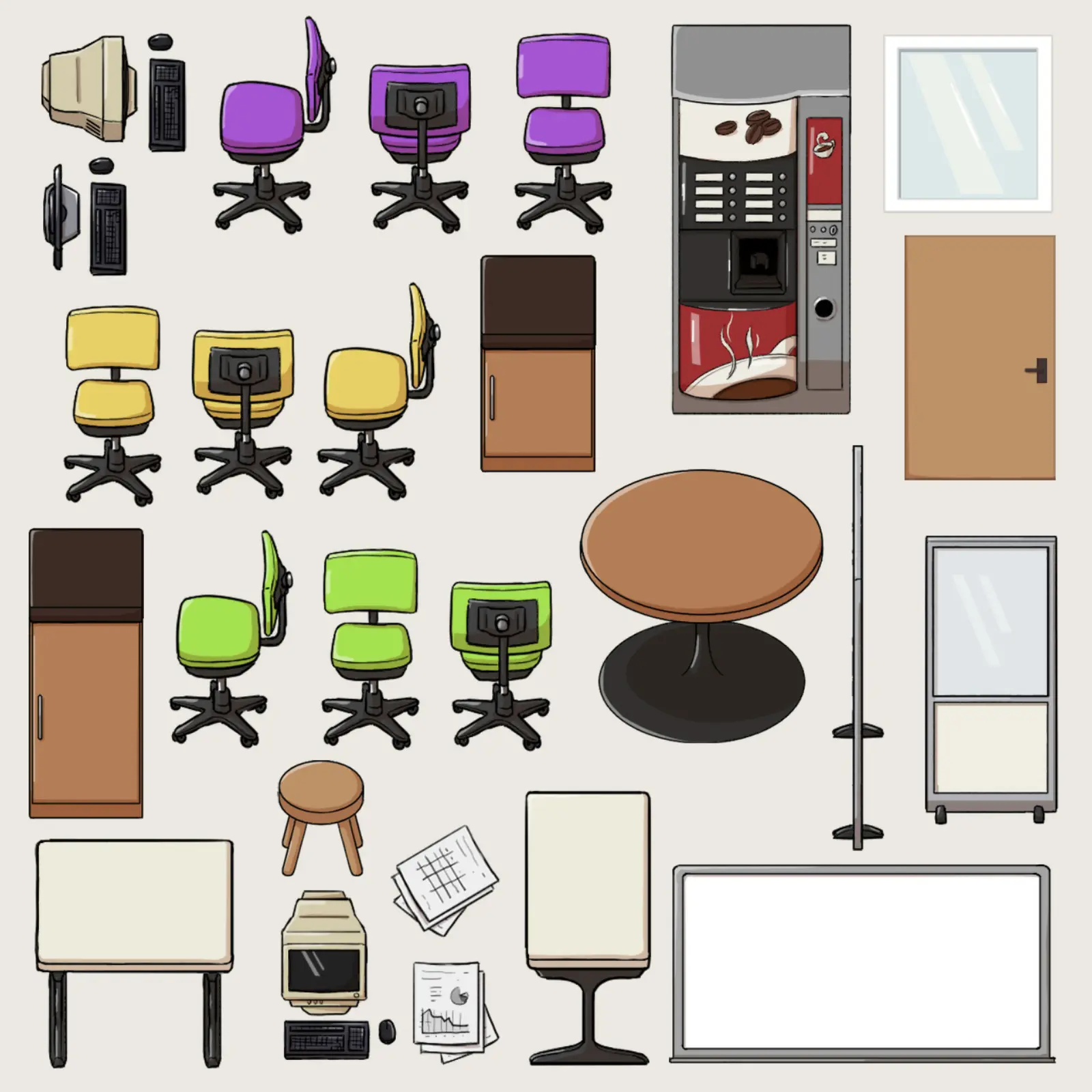 Quelques assets de mon pack d'assets 2D sur le thème des fournitures de bureau.