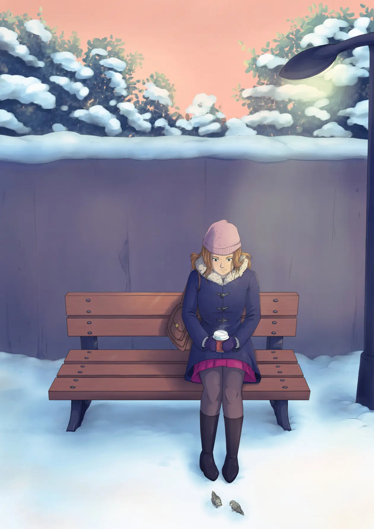Winter : illustration d'une jeune femme sur un banc dans un paysage hivernal.