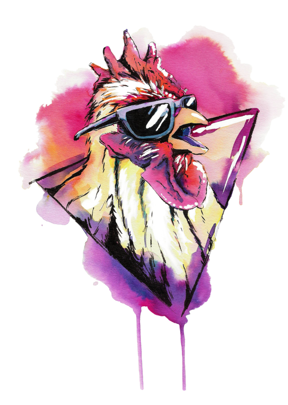 Illustration d'un poulet portant des lunettes de soleil, sur un triangle où dépassent des tâches d'encre de couleurs rose et violet