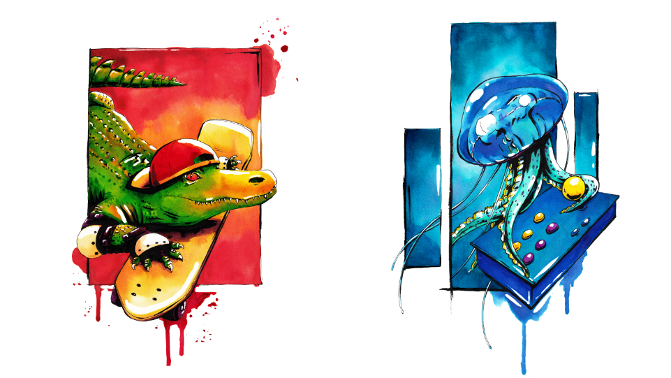 A gauche, illustration d'un crocodile portant une casquette, la patte avant sur un skateboard, sur un fond rectangulaire de couleur rouge. A droite, illustration d'une méduse manipulant un stick arcade avec ses tentacules, sur un groupe de 3 triangles de couleur bleue.