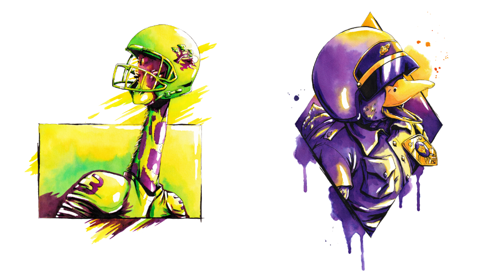 A gauche, illustration d'une girafe dans des couleurs jaune, vert et violet, portant une tenue de footballeur américain, sur un rectangle. A droite, illustration d'un canard en tenue de policier, dans des couleurs violet et orange, sur un losange.