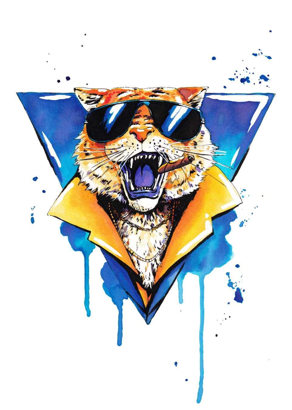 Illustration d'un tigre portant une chemise à col amble, des lunettes de soleil, un cigare dans la gueule, posé sur un triangle bleu.