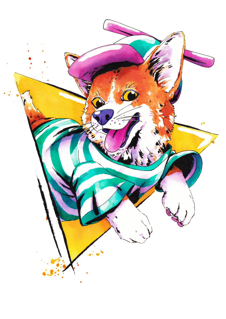 Illustration d'un corgi portant un t-shirt rayé amble et une casquette à hélice, sur un triangle de couleur jaune.