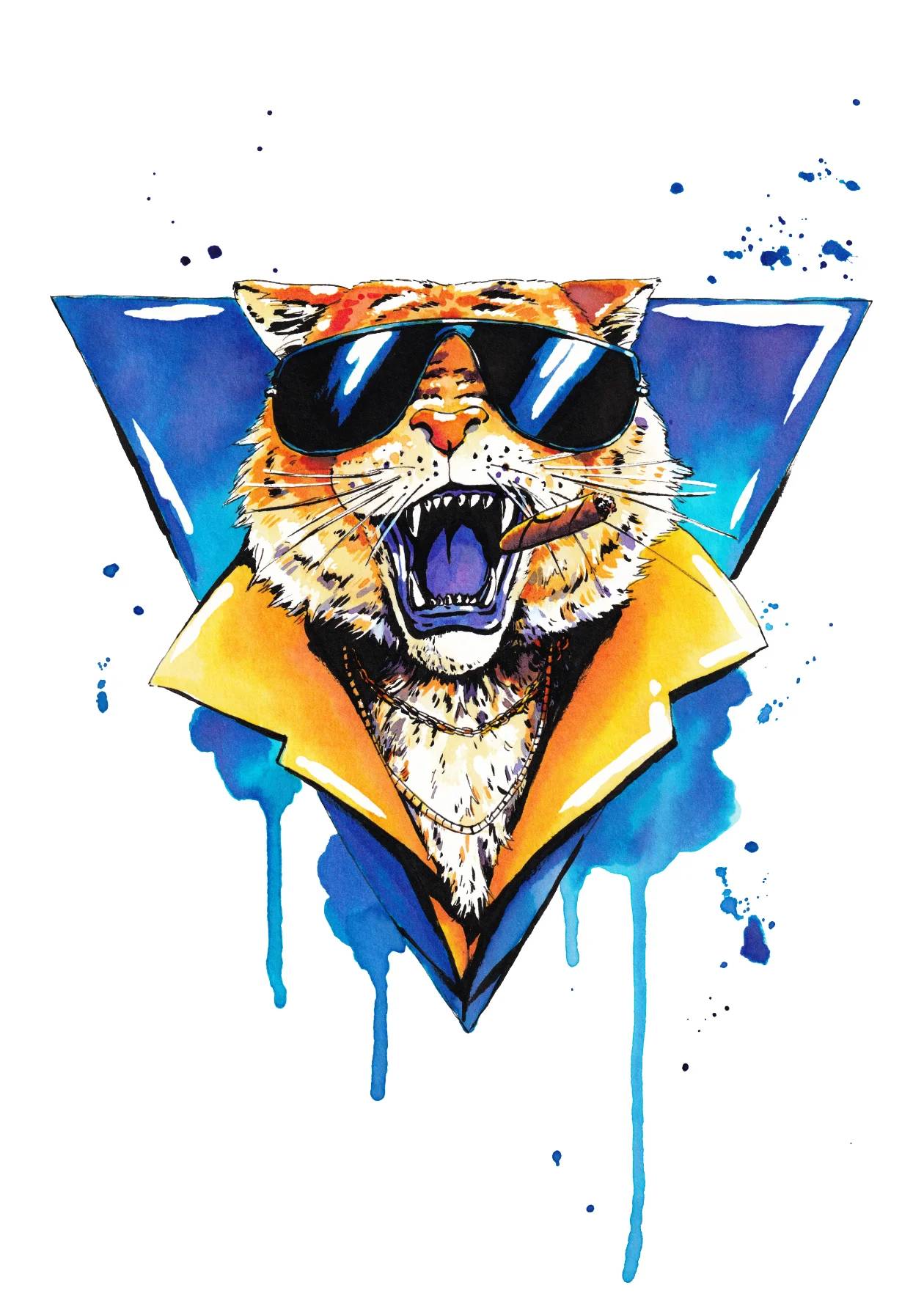 Illustration d'un tigre portant une chemise à col amble, des lunettes de soleil, un cigare dans la gueule, posé sur un triangle bleu.